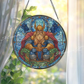 Viking God Stained Glass Suncatcher, Round Odin with Ravens and Ivy, Mythological Warrior Home Decor, Norse Spiritual Gift
