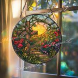 Cross Pathway Stained Glass Suncatcher, Round Religious Panel with Vibrant Flowers and Sunset, Spiritual Home Decor, Faith-Inspired Gift
