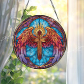Angel Wings Cross Stained Glass Suncatcher, Round Heavenly Guardian with Cross, Divine Light and Power, Spiritual Home Decor
