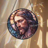 Jesus with Tear Stained Glass Suncatcher, Round Depiction of Christ in Sorrow, Religious Window Art, Faith-Inspired Spiritual Decor