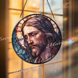 Jesus with Tear Stained Glass Suncatcher, Round Depiction of Christ in Sorrow, Religious Window Art, Faith-Inspired Spiritual Decor