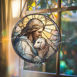Good Shepherd Stained Glass Suncatcher, Round Jesus with Lamb Panel, Faith-Inspired Religious Decor, Spiritual Home Gift, Sacred Art