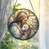 Good Shepherd Stained Glass Suncatcher, Round Jesus with Lamb Panel, Faith-Inspired Religious Decor, Spiritual Home Gift, Sacred Art