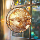 Archer Angel Stained Glass Suncatcher, Round Heavenly Warrior Panel, Golden and Amber Tones, Spiritual and Inspirational Home Decor