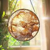 Archer Angel Stained Glass Suncatcher, Round Heavenly Warrior Panel, Golden and Amber Tones, Spiritual and Inspirational Home Decor