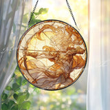 Archer Angel Stained Glass Suncatcher, Round Heavenly Warrior Panel, Golden and Amber Tones, Spiritual and Inspirational Home Decor