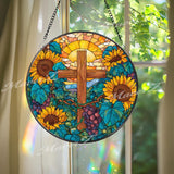Sunflower Cross Stained Glass Suncatcher, Round Religious Panel with Sunflowers and Grapes, Faith-Inspired Spiritual Decor, Gift Idea