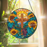 Sunflower Cross Stained Glass Suncatcher, Round Religious Panel with Sunflowers and Grapes, Faith-Inspired Spiritual Decor, Gift Idea