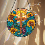 Sunflower Cross Stained Glass Suncatcher, Round Religious Panel with Sunflowers and Grapes, Faith-Inspired Spiritual Decor, Gift Idea