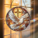 Dove and Cross Stained Glass Suncatcher, Round Peaceful Dove with Golden Cross, Spiritual Home Decor, Faith-Inspired Gift Idea