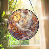 Dove Stained Glass Suncatcher, Round Peaceful Dove and Pumpkin Panel, Autumn Colors, Spiritual Home Decor, Gift Idea