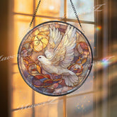 Dove Stained Glass Suncatcher, Round Peaceful Dove and Pumpkin Panel, Autumn Colors, Spiritual Home Decor, Gift Idea