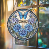 Personalized Cross Stained Glass Suncatcher, Round Floral Panel with Butterfly and Blue Carnations, Custom Name Gift Idea