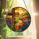 Sunrise Cross Stained Glass Suncatcher, Round Scenic Pathway Panel, Vibrant Flowers and Cross, Spiritual Nature-Inspired Home Decor