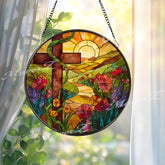 Sunrise Cross Stained Glass Suncatcher, Round Scenic Pathway Panel, Vibrant Flowers and Cross, Spiritual Nature-Inspired Home Decor