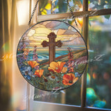 Sunset Cross Stained Glass Suncatcher, Round Scenic Ocean View Panel, Vibrant Wildflowers and Cross, Faith-Inspired Spiritual Decor