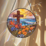 Sunset Cross Stained Glass Suncatcher, Round Ocean View Panel, Vibrant Flowers and Waves, Faith-Inspired Home Decor, Spiritual Gift