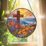 Sunset Cross Stained Glass Suncatcher, Round Ocean View Panel, Vibrant Flowers and Waves, Faith-Inspired Home Decor, Spiritual Gift