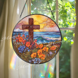 Sunset Cross Stained Glass Suncatcher, Round Ocean View Panel, Vibrant Flowers and Waves, Faith-Inspired Home Decor, Spiritual Gift