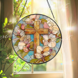 Magnolia Cross Stained Glass Suncatcher, Round Religious Window Panel, Floral and Faith-Inspired Design, Elegant Spiritual Home Decor