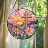 Sunrise Cross Stained Glass Suncatcher, Round Religious Window Panel, Colorful Flowers and Scenic View, Faith-Inspired Home Decor