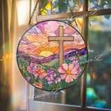 Sunrise Cross Stained Glass Suncatcher, Round Religious Window Panel, Colorful Flowers and Scenic View, Faith-Inspired Home Decor