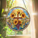 Sunflower Cross Stained Glass Suncatcher, Round Religious Window Panel, Sunflowers and Grapes, Faith-Inspired Home Decor, Spiritual Gift