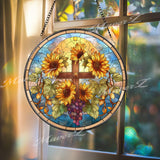 Sunflower Cross Stained Glass Suncatcher, Round Religious Window Panel, Sunflowers and Grapes, Faith-Inspired Home Decor, Spiritual Gift
