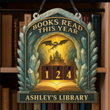 Books Read This Year Tracker - Crystal Fortress Dragon Library Sign, Fantasy Wooden Reading Counter, Personalized Book Lover Gift