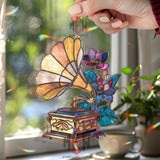 Vintage Gramophone Acrylic Suncatcher, Stained Glass Style Music Lover Window Hanging, Retro Floral Home Decor Gift