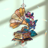 Vintage Gramophone Acrylic Suncatcher, Stained Glass Style Music Lover Window Hanging, Retro Floral Home Decor Gift