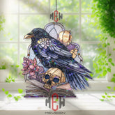 Raven and Skull Acrylic Suncatcher, Stained Glass Style Gothic Window Hanging, Dark Crow Book Decor Gift for Halloween Lovers