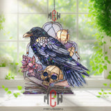 Raven and Skull Acrylic Suncatcher, Stained Glass Style Gothic Window Hanging, Dark Crow Book Decor Gift for Halloween Lovers