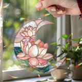 Crescent Moon Lotus Acrylic Suncatcher, Stained Glass Style Pink White Floral Window Hanging, Peaceful Flower Home Decor Gift