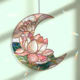 Crescent Moon Lotus Acrylic Suncatcher, Stained Glass Style Pink White Floral Window Hanging, Peaceful Flower Home Decor Gift