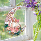 Crescent Moon Lotus Acrylic Suncatcher, Stained Glass Style Pink White Floral Window Hanging, Peaceful Flower Home Decor Gift