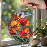 Crescent Moon Zinnia Acrylic Suncatcher, Stained Glass Style Red Orange Floral Window Hanging, Vibrant Flower Home Decor Gift