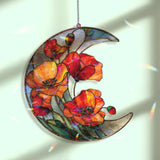 Crescent Moon Zinnia Acrylic Suncatcher, Stained Glass Style Red Orange Floral Window Hanging, Vibrant Flower Home Decor Gift