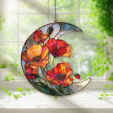 Crescent Moon Zinnia Acrylic Suncatcher, Stained Glass Style Red Orange Floral Window Hanging, Vibrant Flower Home Decor Gift