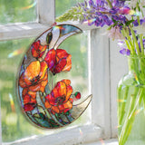 Crescent Moon Zinnia Acrylic Suncatcher, Stained Glass Style Red Orange Floral Window Hanging, Vibrant Flower Home Decor Gift