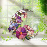 Crescent Moon Petunia Acrylic Suncatcher, Stained Glass Style Purple Pink Floral Window Hanging, Garden Flower Home Decor Gift