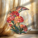 Crescent Moon Carnation Acrylic Suncatcher, Stained Glass Style Pink Orange Floral Window Hanging, Elegant Flower Home Decor Gift