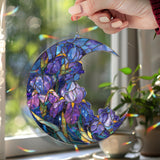 Crescent Moon Iris Acrylic Suncatcher, Stained Glass Style Blue Purple Floral Window Hanging, Elegant Flower Home Decor Gift