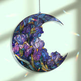 Crescent Moon Iris Acrylic Suncatcher, Stained Glass Style Blue Purple Floral Window Hanging, Elegant Flower Home Decor Gift