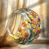 Crescent Moon Daffodil Acrylic Suncatcher, Stained Glass Style Yellow Floral Window Hanging, Spring Flower Home Decor Gift