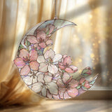 Crescent Moon Cherry Blossom Acrylic Suncatcher, Stained Glass Style Pink Floral Window Hanging, Spring Flower Home Decor Gift