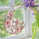 Crescent Moon Cherry Blossom Acrylic Suncatcher, Stained Glass Style Pink Floral Window Hanging, Spring Flower Home Decor Gift