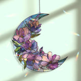 Crescent Moon Magnolia Acrylic Suncatcher, Stained Glass Style Purple Floral Window Hanging, Elegant Flower Home Decor Gift