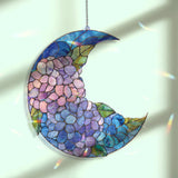 Crescent Moon Hydrangea Acrylic Suncatcher, Stained Glass Style Blue Purple Floral Window Hanging, Garden Flower Home Decor Gift
