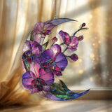 Crescent Moon Orchid Acrylic Suncatcher, Stained Glass Style Purple Floral Window Hanging, Elegant Flower Home Decor Gift